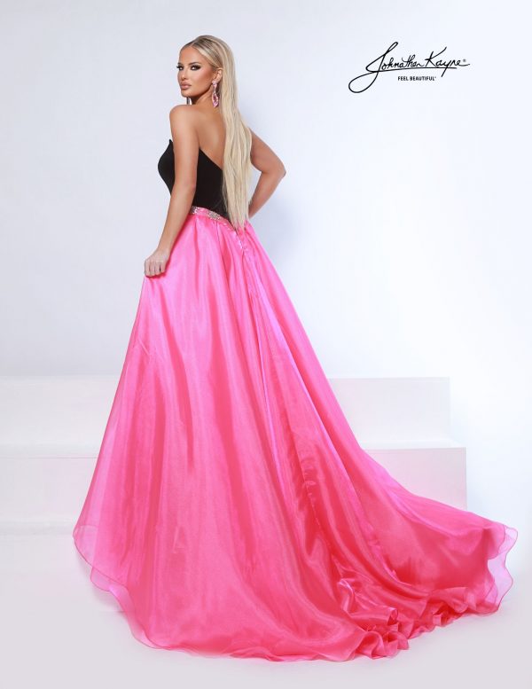 Back view of black velvet gown with pink full-length overskirt - glamourous pageant, homecoming court, or prom look.